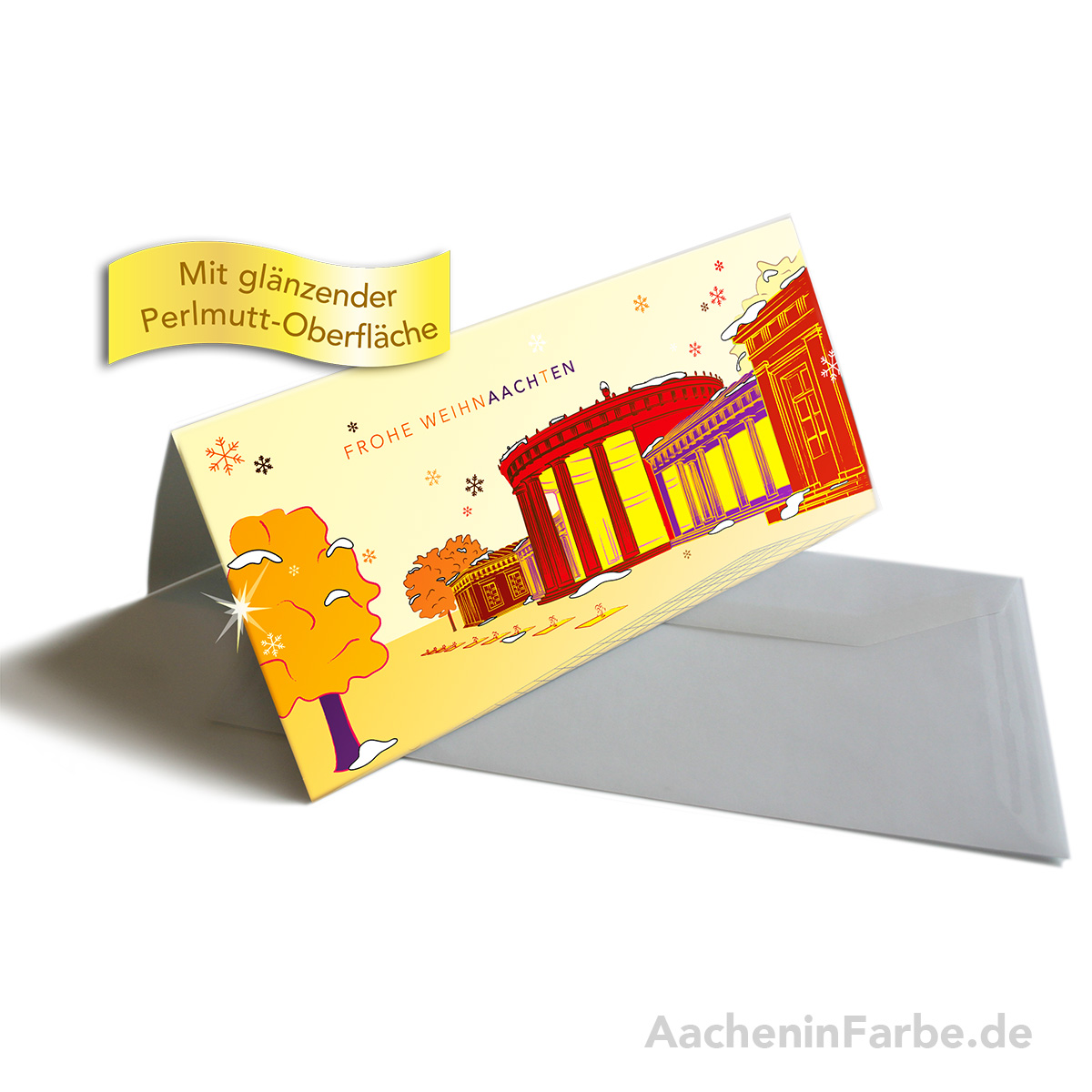 Grußkarte "Frohe WeihnAACHtEN", Elisenbrunnen, orange (Perlmutt)
